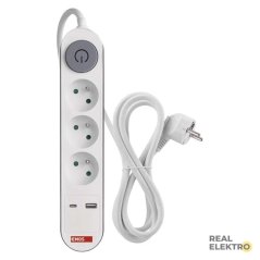 Prodlužovací kabel Emos P1312PD, 3x zásuvka, 1x USB-A, 1x USB-C, bílý, 2 m