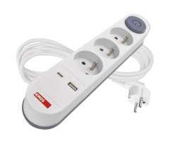 Prodlužovací kabel Emos P1312PD, 3x zásuvka, 1x USB-A, 1x USB-C, bílý, 2 m